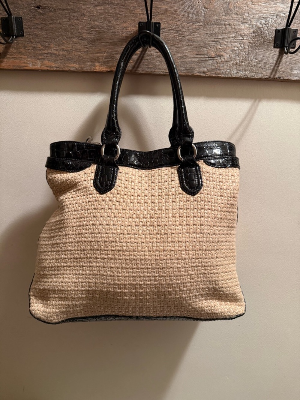 Cole Haan Beige Woven Tote with Black Faux-Croc Trim EUC - Picture 3 of 10